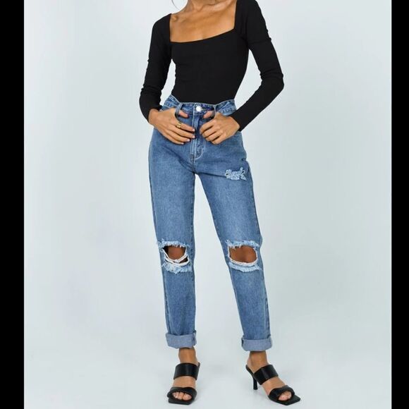 NWT Princess Polly HAYDEN KNEE RIP JEANS MID WASH DENIM - Picture 1 of 12
